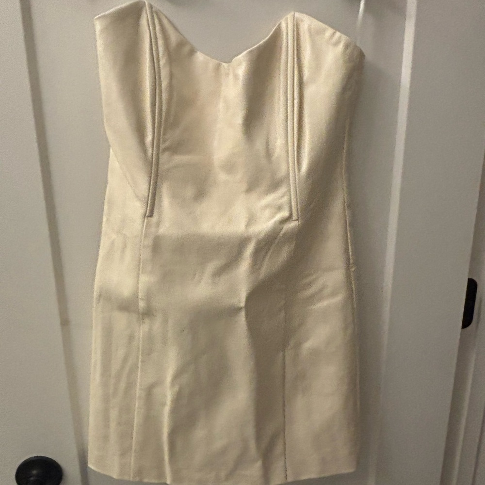 Meshki Elegant Cream Leather Strapless Dress